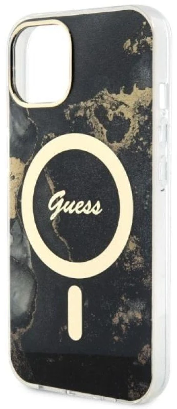 Guess GUHMP14SHTMRSK Apple iPhone 14 / 15 / 136.1″ juodos spalvos kietas dėklas Golden Marble MagSafe
