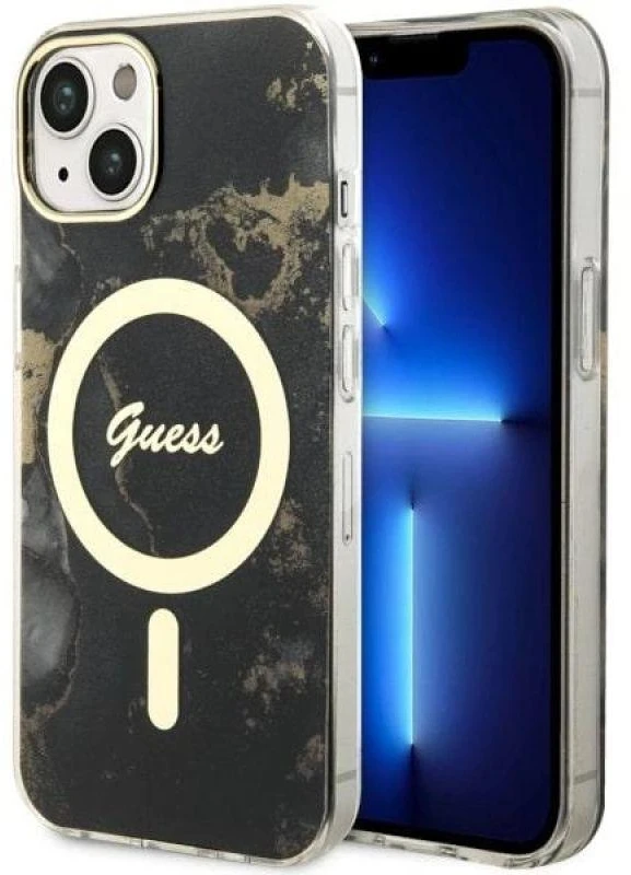 Guess GUHMP14SHTMRSK Apple iPhone 14 / 15 / 136.1″ juodos spalvos kietas dėklas Golden Marble MagSafe