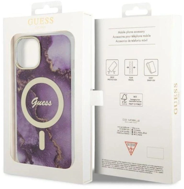 Guess GUHMP14SHTMRSU Apple iPhone 14 / 15 / 13 6.1″ violetinės spalvos kietas dėklas Golden Marble MagSafe