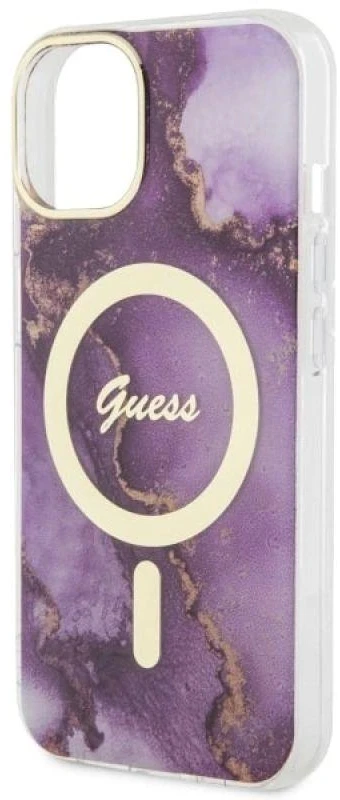 Guess GUHMP14SHTMRSU Apple iPhone 14 / 15 / 13 6.1″ violetinės spalvos kietas dėklas Golden Marble MagSafe
