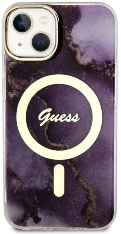 Guess GUHMP14SHTMRSU Apple iPhone 14 / 15 / 13 6.1″ violetinės spalvos kietas dėklas Golden Marble MagSafe
