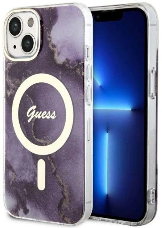 Guess GUHMP14SHTMRSU Apple iPhone 14 / 15 / 13 6.1″ violetinės spalvos kietas dėklas Golden Marble MagSafe