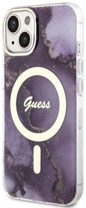 Guess GUHMP14SHTMRSU Apple iPhone 14 / 15 / 13 6.1″ violetinės spalvos kietas dėklas Golden Marble MagSafe