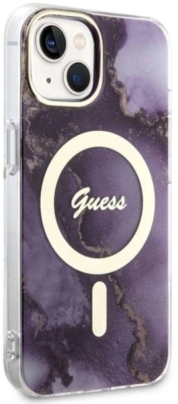 Guess GUHMP14SHTMRSU Apple iPhone 14 / 15 / 13 6.1″ violetinės spalvos kietas dėklas Golden Marble MagSafe