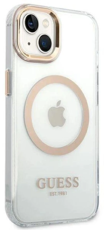 Guess GUHMP14SHTRMD Apple iPhone 14 / 15 / 13 6.1″ auksinis kietas dėklas Metal Outline Magsafe