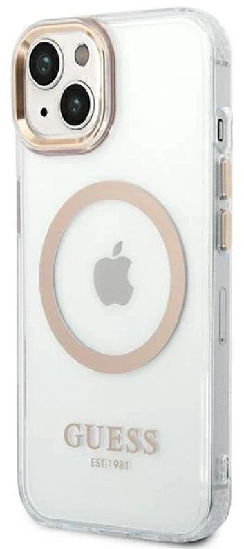 Guess GUHMP14SHTRMD Apple iPhone 14 / 15 / 13 6.1″ auksinis kietas dėklas Metal Outline Magsafe