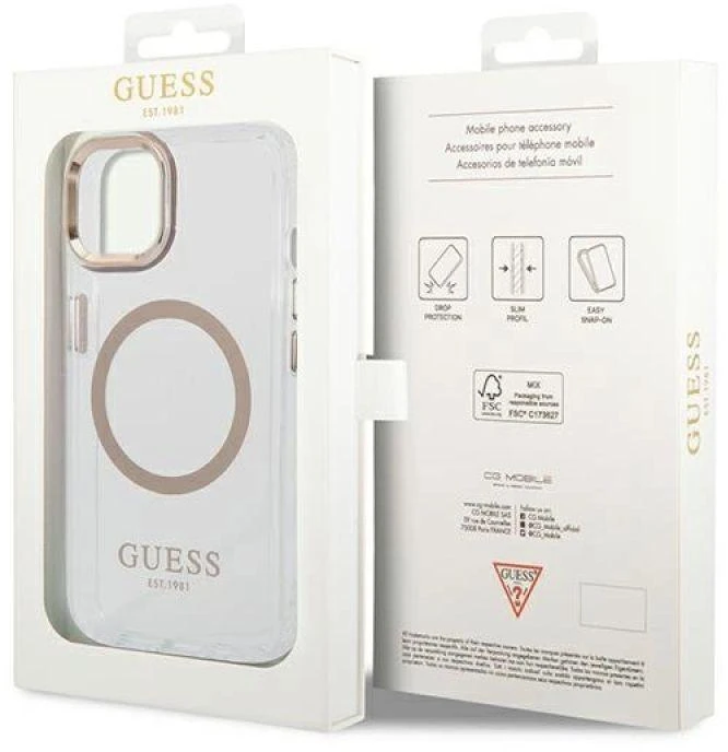 Guess GUHMP14SHTRMD Apple iPhone 14 / 15 / 13 6.1″ auksinis kietas dėklas Metal Outline Magsafe