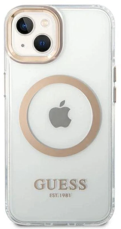 Guess GUHMP14SHTRMD Apple iPhone 14 / 15 / 13 6.1″ auksinis kietas dėklas Metal Outline Magsafe