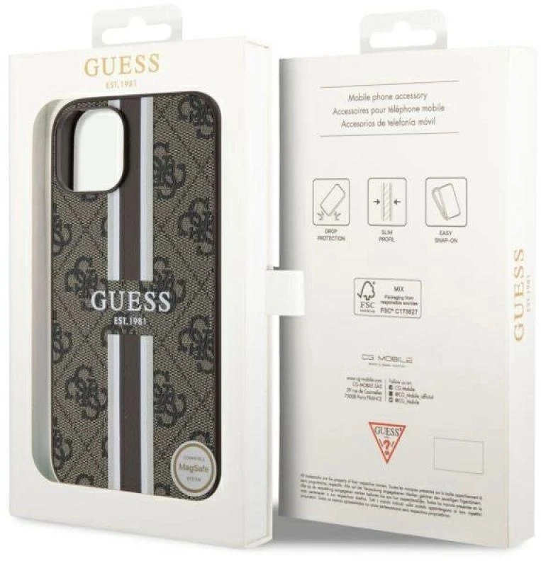 Guess telefono dėklas iPhone 14 6,1 GUHMP14SP4RPSW ruda hartelefono dėklas Magsafe 4G Printed Stripes
