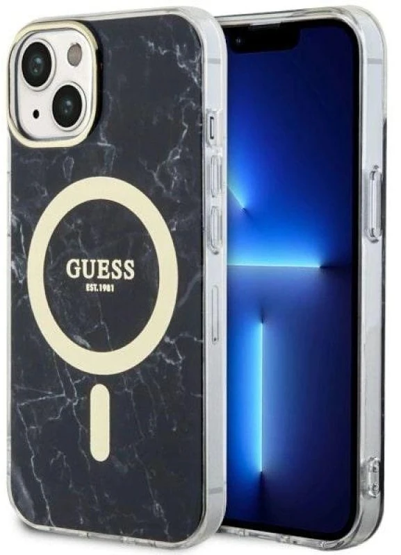 Guess GUHMP14SPCUMAK Apple iPhone 14 / 15 / 13 6.1″ juodos spalvos kietas dėklas Marble MagSafe