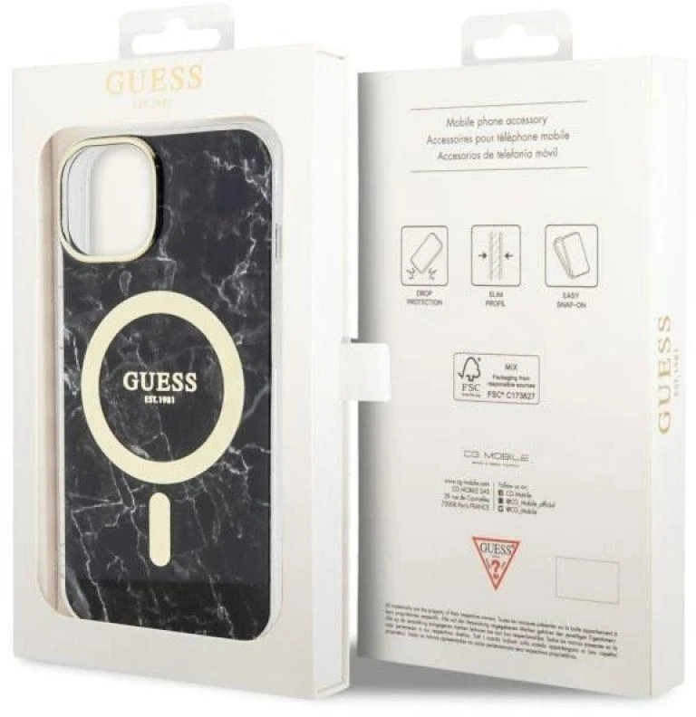Guess GUHMP14SPCUMAK Apple iPhone 14 / 15 / 13 6.1″ juodos spalvos kietas dėklas Marble MagSafe