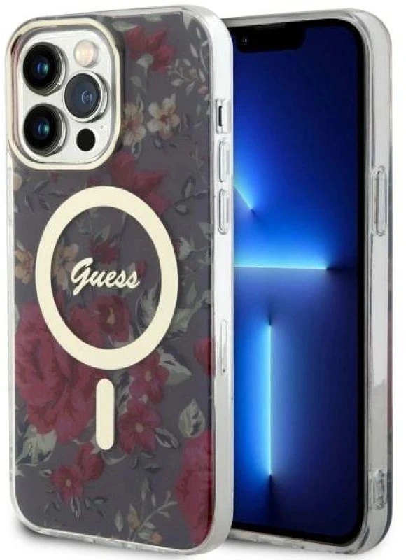 Guess GUHMP14XHCFWSA Apple iPhone 14 Pro Max 6.7″ khaki kietas dėklas Flower MagSafe