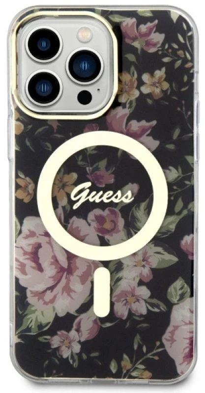 Guess GUHMP14XHCFWSK Apple iPhone 14 Pro Max 6.7″ juodos spalvos kietas dėklas Flower MagSafe