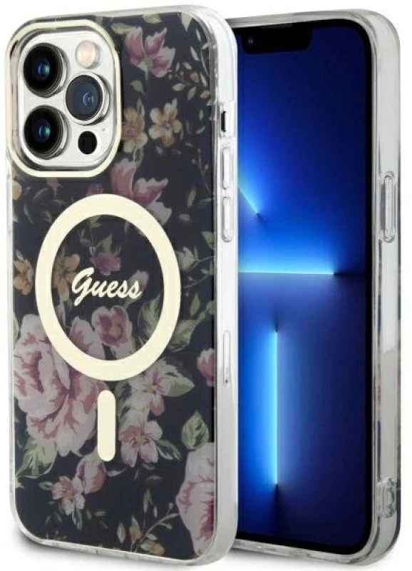 Guess GUHMP14XHCFWSK Apple iPhone 14 Pro Max 6.7″ juodos spalvos kietas dėklas Flower MagSafe