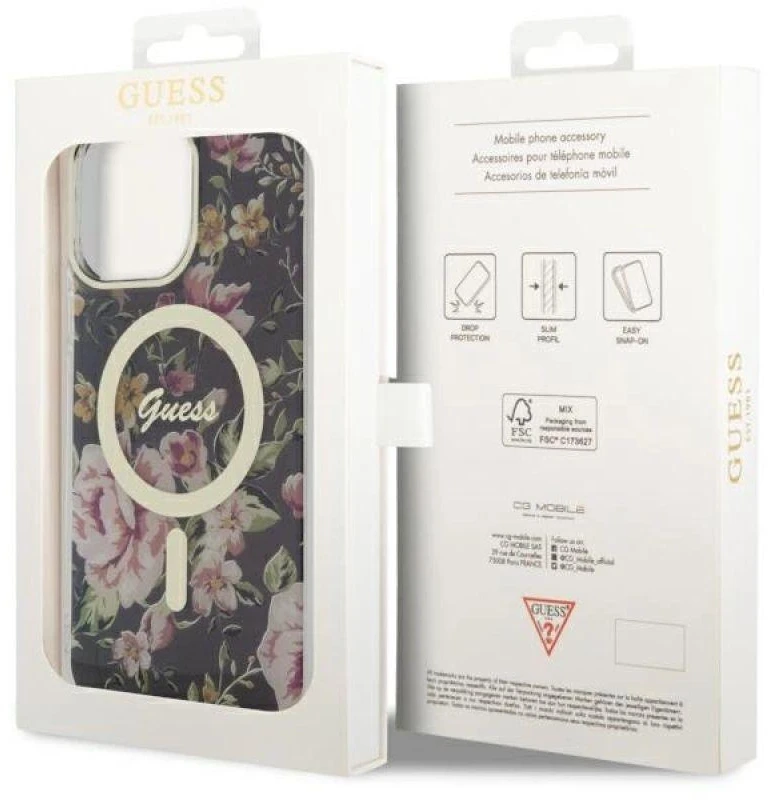 Guess GUHMP14XHCFWSK Apple iPhone 14 Pro Max 6.7″ juodos spalvos kietas dėklas Flower MagSafe