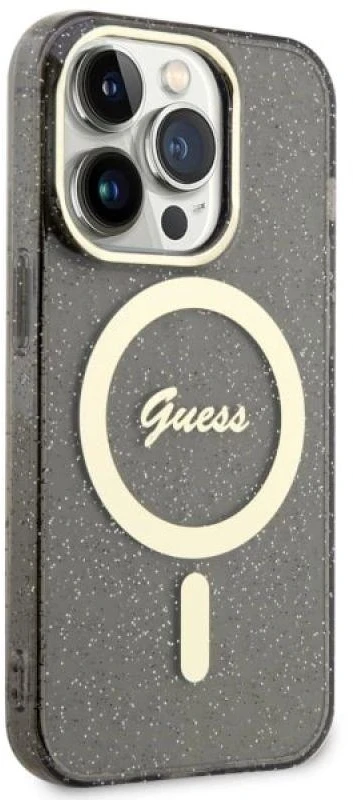 Guess GUHMP14XHCMCGK Apple iPhone 14 Pro Max 6.7″ juodos spalvos kietas dėklas Glitter Gold MagSafe