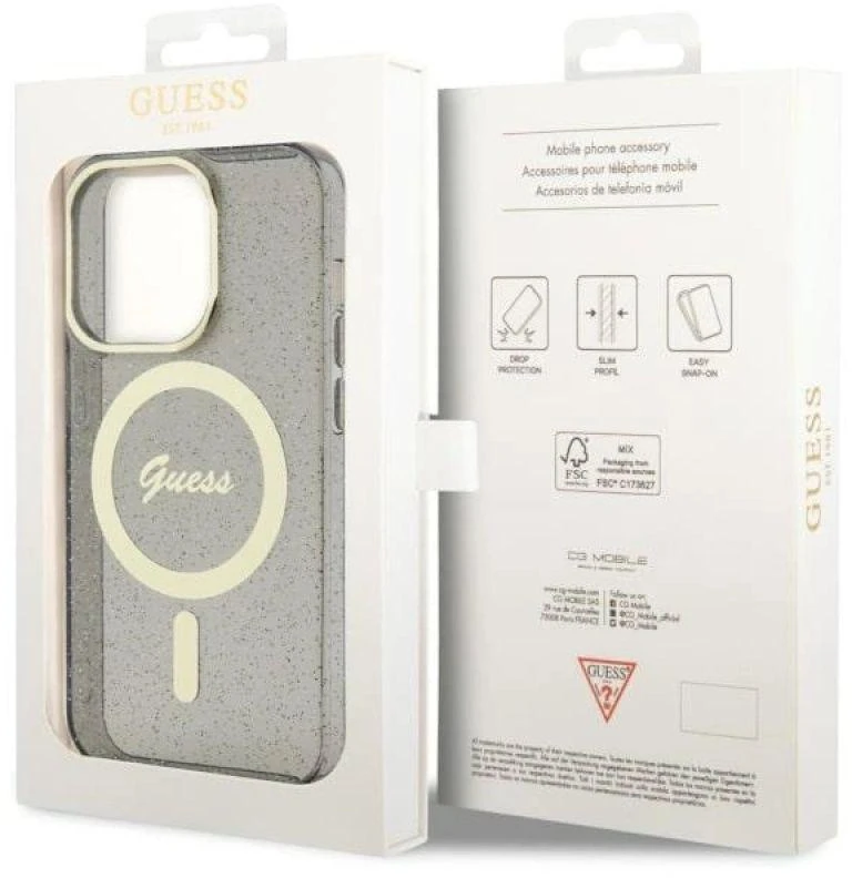 Guess GUHMP14XHCMCGK Apple iPhone 14 Pro Max 6.7″ juodos spalvos kietas dėklas Glitter Gold MagSafe