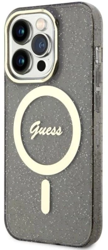 Guess GUHMP14XHCMCGK Apple iPhone 14 Pro Max 6.7″ juodos spalvos kietas dėklas Glitter Gold MagSafe