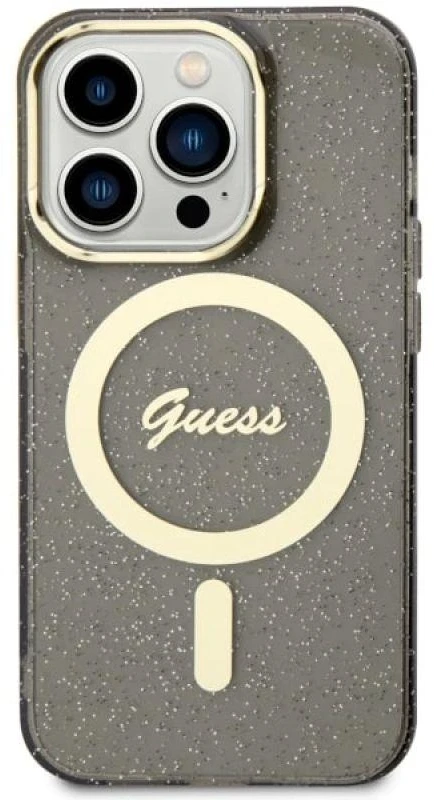 Guess GUHMP14XHCMCGK Apple iPhone 14 Pro Max 6.7″ juodos spalvos kietas dėklas Glitter Gold MagSafe