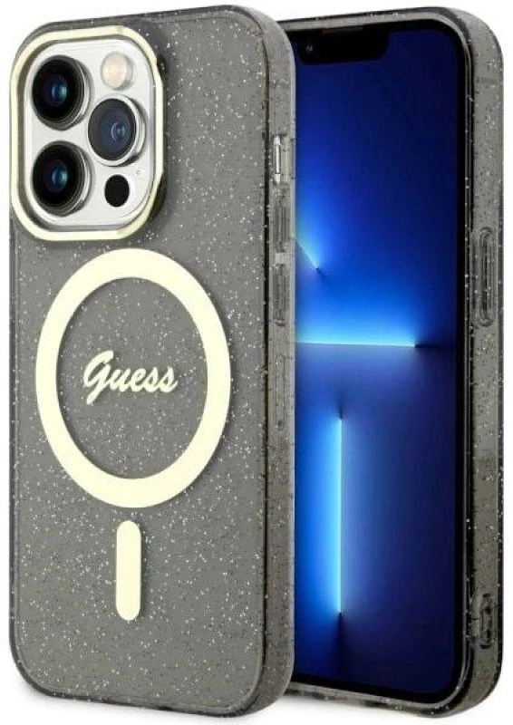 Guess GUHMP14XHCMCGK Apple iPhone 14 Pro Max 6.7″ juodos spalvos kietas dėklas Glitter Gold MagSafe