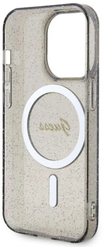 Guess GUHMP14XHCMCGK Apple iPhone 14 Pro Max 6.7″ juodos spalvos kietas dėklas Glitter Gold MagSafe