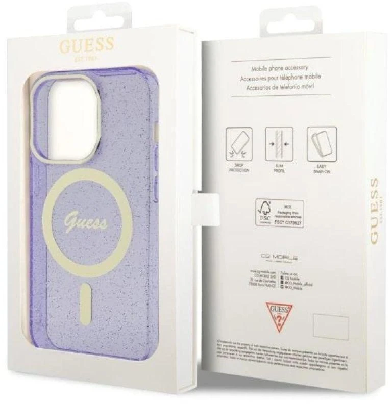 Guess GUHMP14XHCMCGU Apple iPhone 14 Pro Max 6.7″ violetinės spalvos kietas dėklas Glitter Gold MagSafe