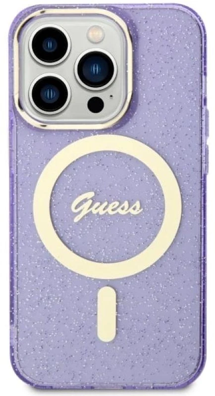 Guess GUHMP14XHCMCGU Apple iPhone 14 Pro Max 6.7″ violetinės spalvos kietas dėklas Glitter Gold MagSafe
