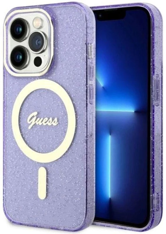 Guess GUHMP14XHCMCGU Apple iPhone 14 Pro Max 6.7″ violetinės spalvos kietas dėklas Glitter Gold MagSafe