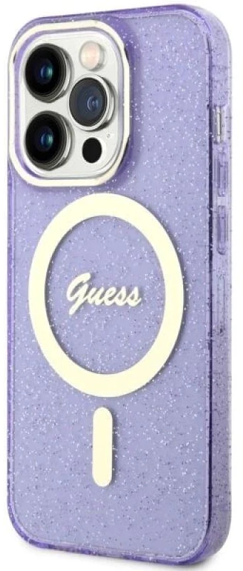Guess GUHMP14XHCMCGU Apple iPhone 14 Pro Max 6.7″ violetinės spalvos kietas dėklas Glitter Gold MagSafe
