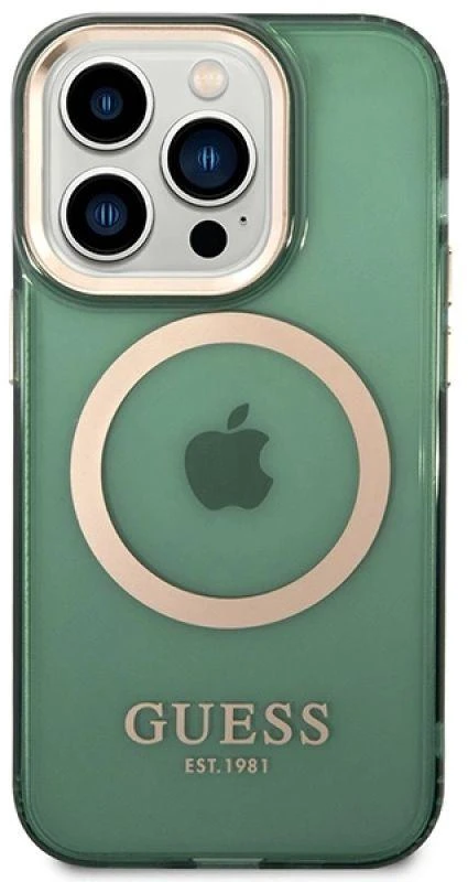 Apple iPhone 14 Pro Max Guess Dėklas Gold Outline Translucent MagSafe žalios spalvos