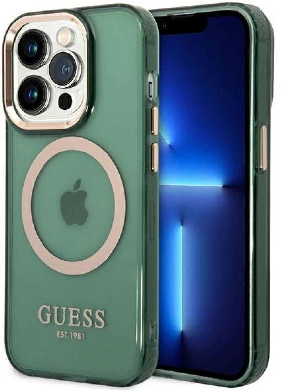 Apple iPhone 14 Pro Max Guess Dėklas Gold Outline Translucent MagSafe žalios spalvos