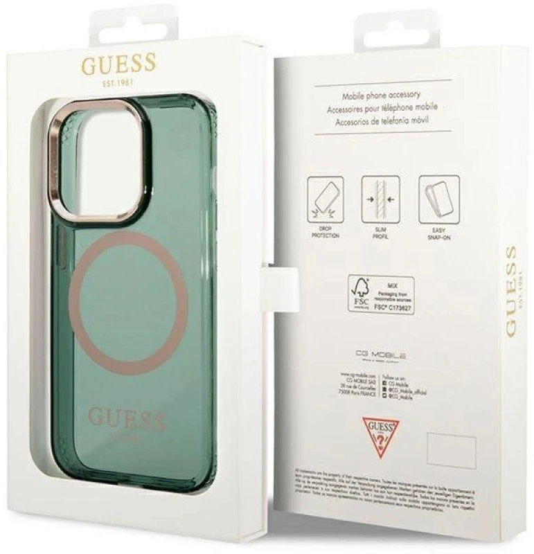 Apple iPhone 14 Pro Max Guess Dėklas Gold Outline Translucent MagSafe žalios spalvos