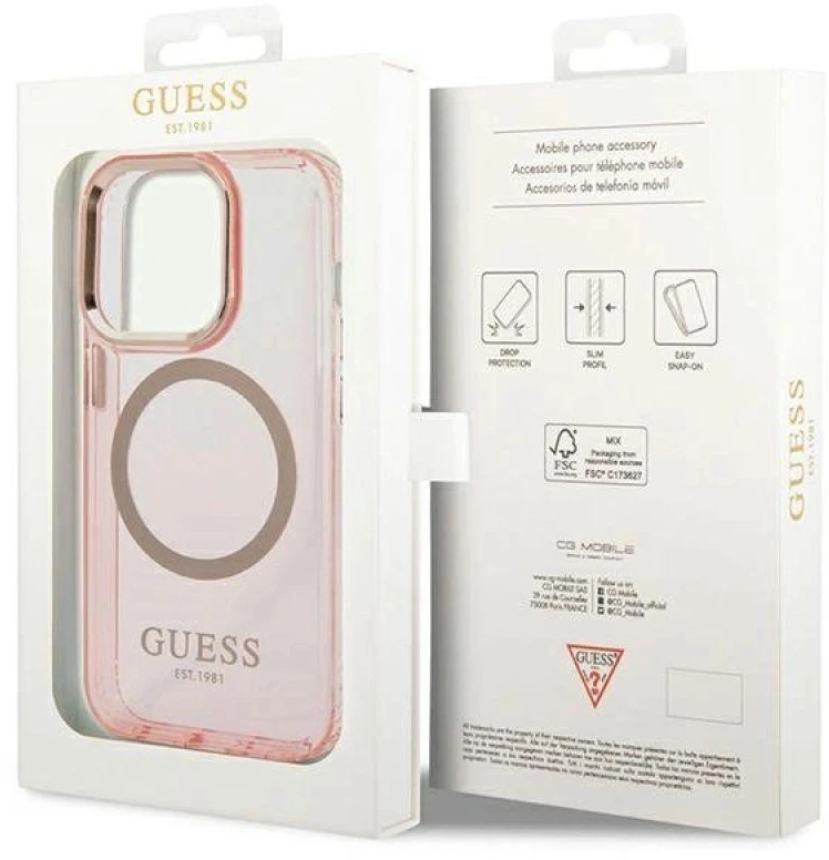 Guess GUHMP14XHTCMP Apple iPhone 14 Pro Max 6,7″ rožinės spalvos kietas dėklas Gold Outline Translucent MagSafe
