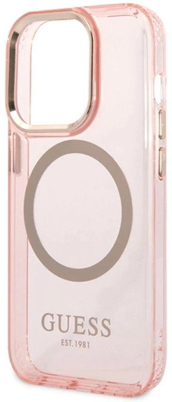 Guess GUHMP14XHTCMP Apple iPhone 14 Pro Max 6,7″ rožinės spalvos kietas dėklas Gold Outline Translucent MagSafe