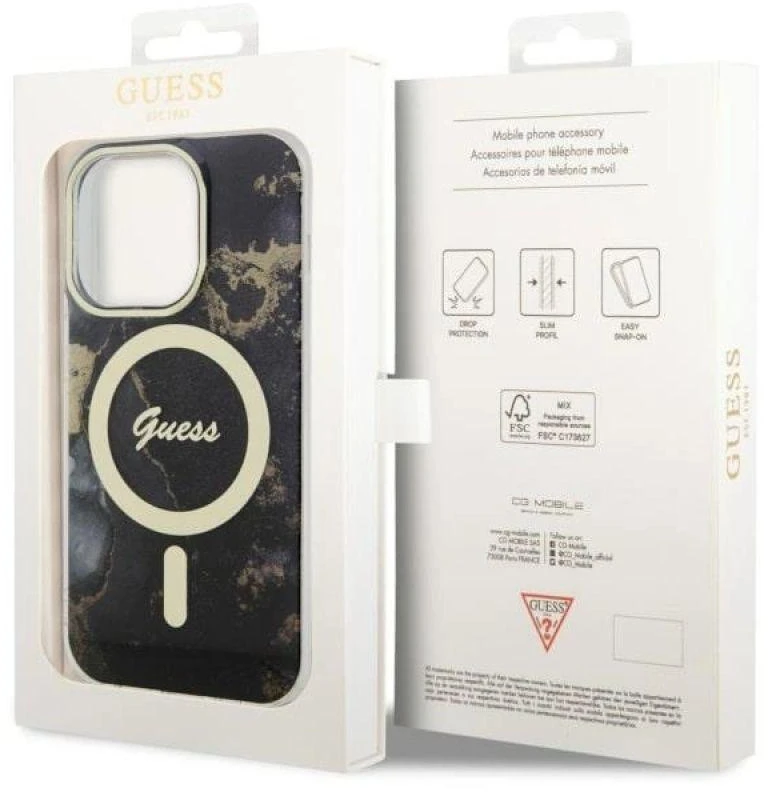 Guess GUHMP14XHTMRSK Apple iPhone 14 Pro Max 6.7″ juodos spalvos kietas dėklas Golden Marble MagSafe