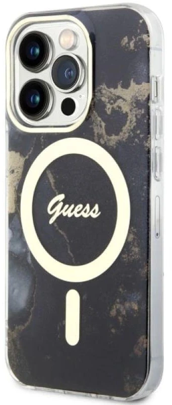 Guess GUHMP14XHTMRSK Apple iPhone 14 Pro Max 6.7″ juodos spalvos kietas dėklas Golden Marble MagSafe