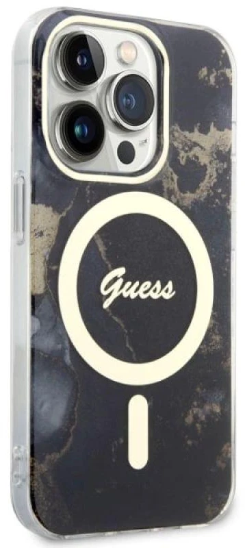 Guess GUHMP14XHTMRSK Apple iPhone 14 Pro Max 6.7″ juodos spalvos kietas dėklas Golden Marble MagSafe