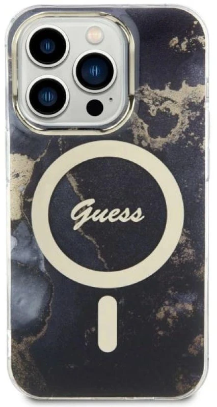 Guess GUHMP14XHTMRSK Apple iPhone 14 Pro Max 6.7″ juodos spalvos kietas dėklas Golden Marble MagSafe