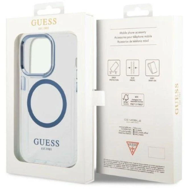Guess GUHMP14XHTRMB Apple iPhone 14 Pro Max6.7″ mėlynas kietas dėklas Metal Outline Magsafe