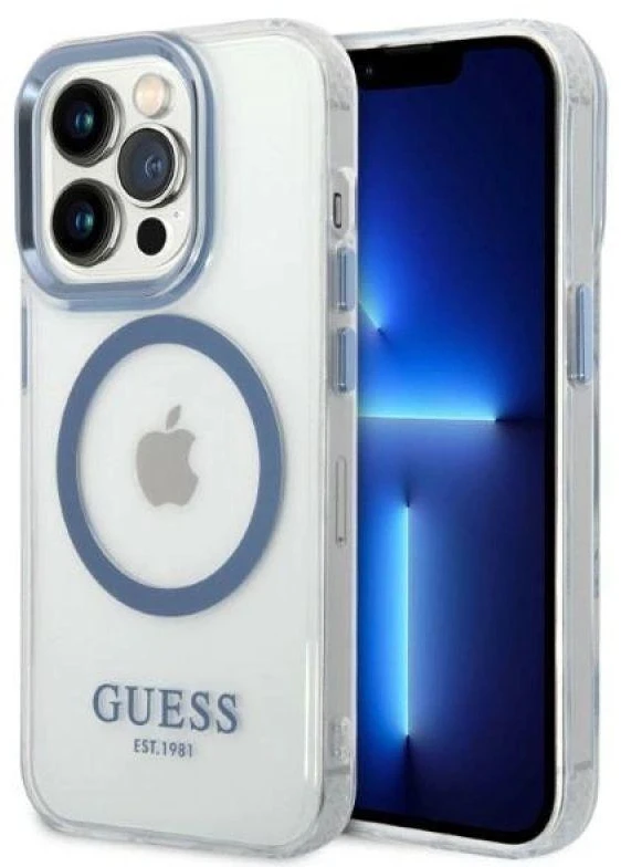Guess GUHMP14XHTRMB Apple iPhone 14 Pro Max6.7″ mėlynas kietas dėklas Metal Outline Magsafe