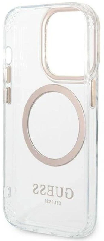 Guess GUHMP14XHTRMD Apple iPhone 14 Pro Max 6,7″ auksinis kietas dėklas Metal Outline Magsafe