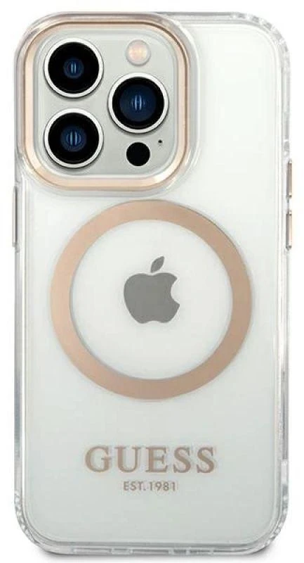 Guess GUHMP14XHTRMD Apple iPhone 14 Pro Max 6,7″ auksinis kietas dėklas Metal Outline Magsafe