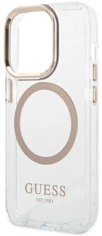 Guess GUHMP14XHTRMD Apple iPhone 14 Pro Max 6,7″ auksinis kietas dėklas Metal Outline Magsafe