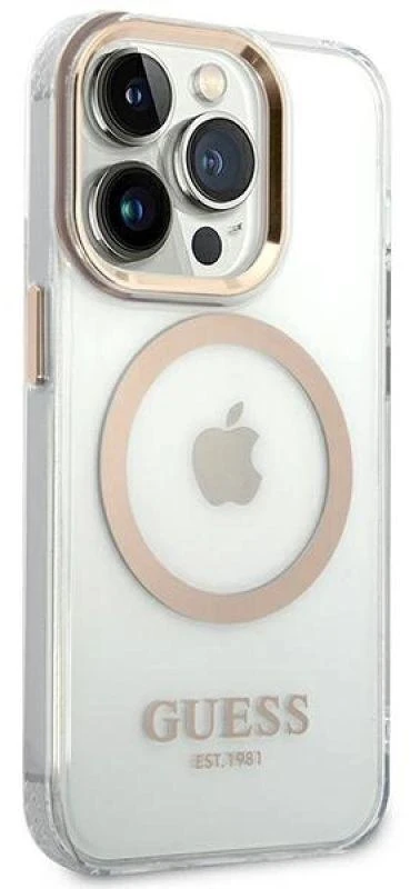 Guess GUHMP14XHTRMD Apple iPhone 14 Pro Max 6,7″ auksinis kietas dėklas Metal Outline Magsafe