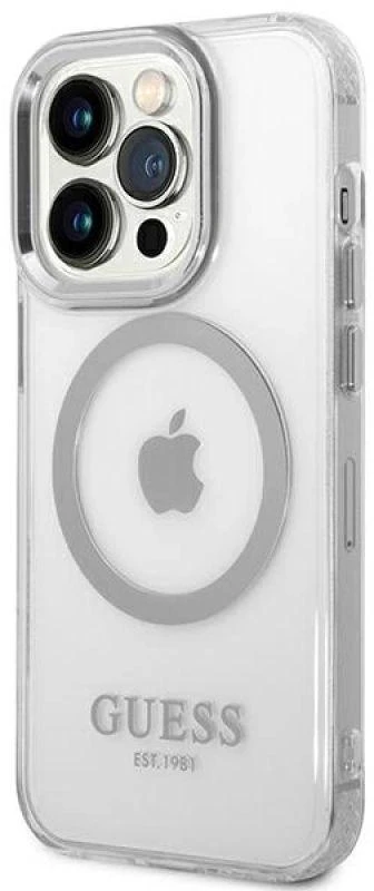 Guess GUHMP14XHTRMS Apple iPhone 14 Pro Max 6,7″ sidabrinis kietas dėklas Metal Outline Magsafe