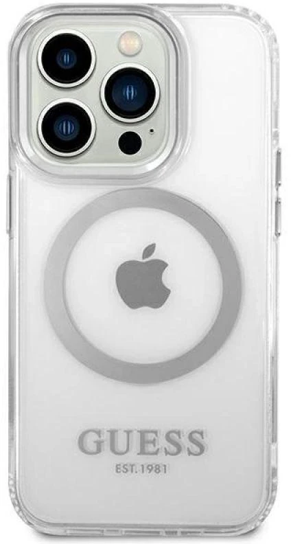 Guess GUHMP14XHTRMS Apple iPhone 14 Pro Max 6,7″ sidabrinis kietas dėklas Metal Outline Magsafe