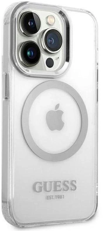 Guess GUHMP14XHTRMS Apple iPhone 14 Pro Max 6,7″ sidabrinis kietas dėklas Metal Outline Magsafe