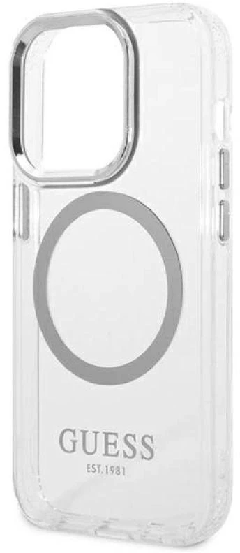Guess GUHMP14XHTRMS Apple iPhone 14 Pro Max 6,7″ sidabrinis kietas dėklas Metal Outline Magsafe
