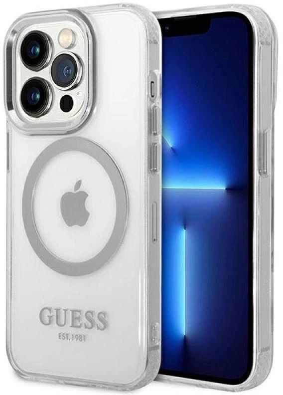 Guess GUHMP14XHTRMS Apple iPhone 14 Pro Max 6,7″ sidabrinis kietas dėklas Metal Outline Magsafe