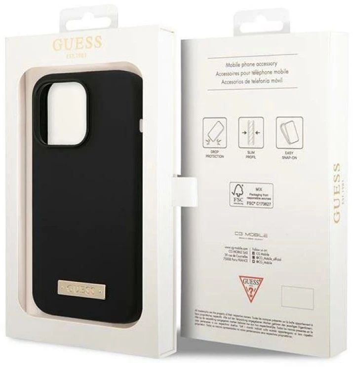 Guess GUHMP14XSBPLK Apple iPhone 14 Pro Max 6,7″ juodos spalvos kietas dėklas Silicone Logo Plate MagSafe